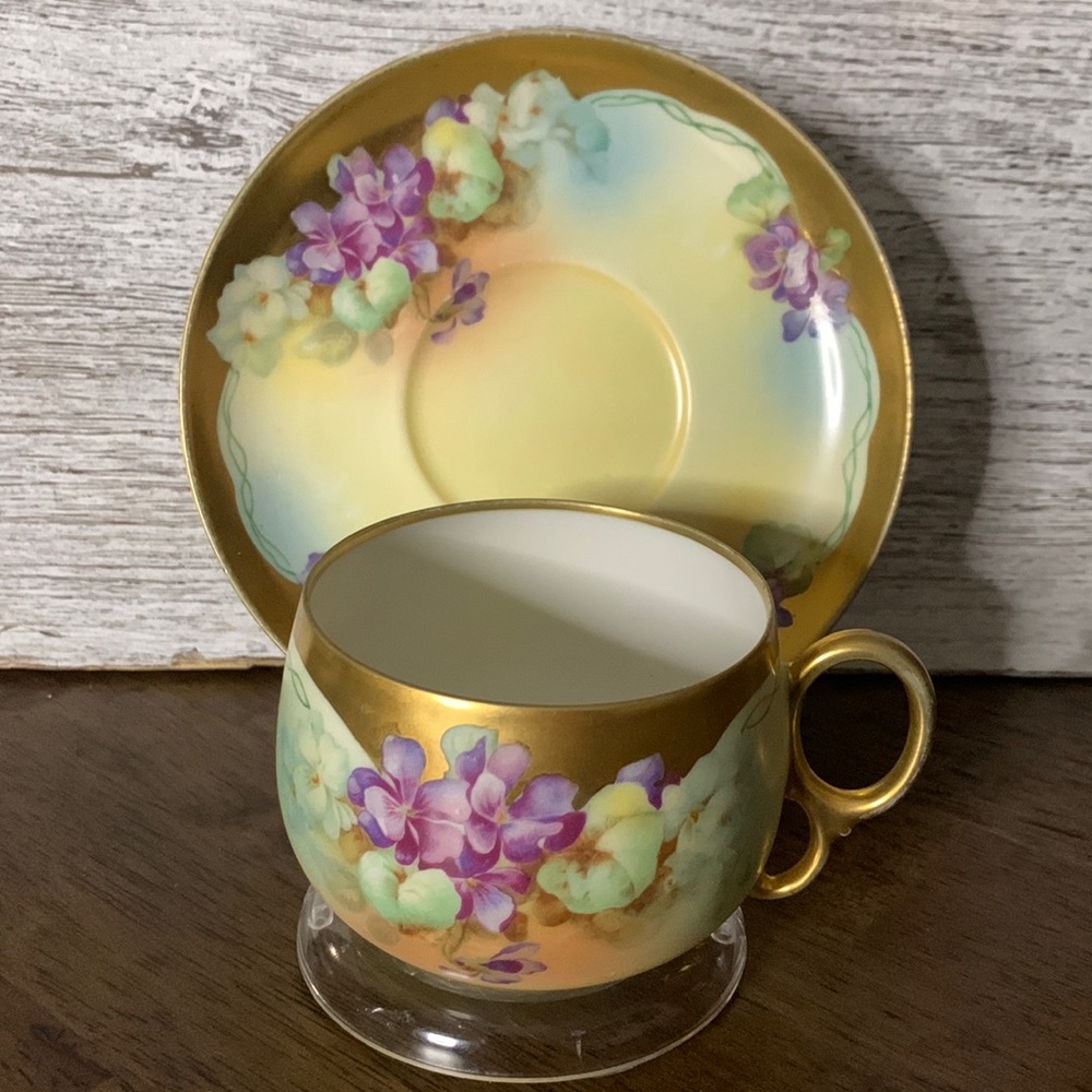 Vintage MZ Austria Teacup and Saucer with Purple & White Flower Gold